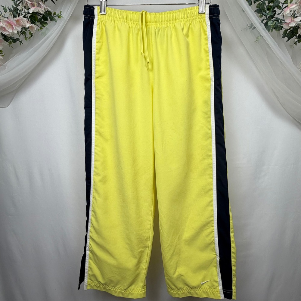Nike Girls Track Pants Yellow Navy Blue Side Stripe Size M 8-10 Athletic Pants